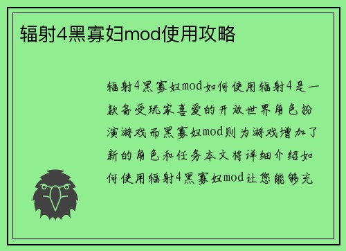 辐射4黑寡妇mod使用攻略